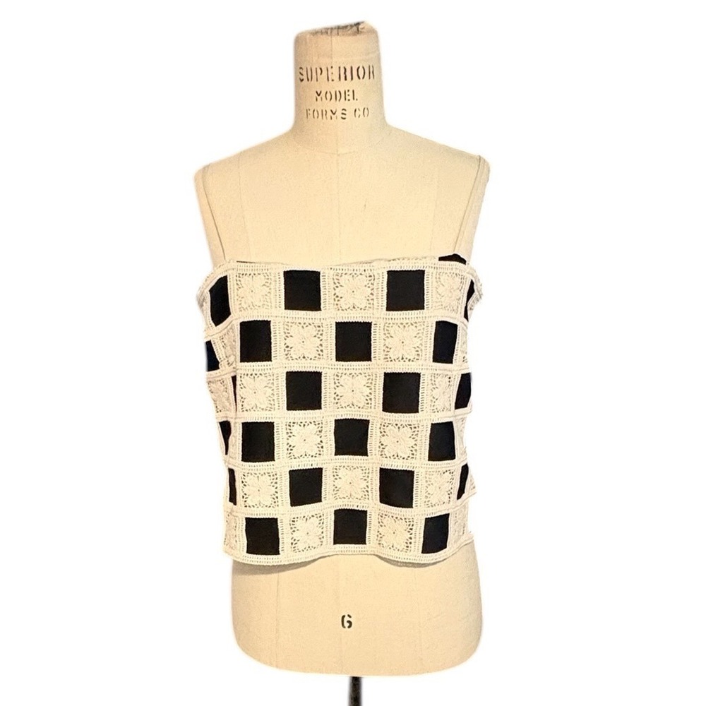 Blue Tassel Womens Crochet Checkered Cami Top Black Cream Coastal Euro Boho Sz M